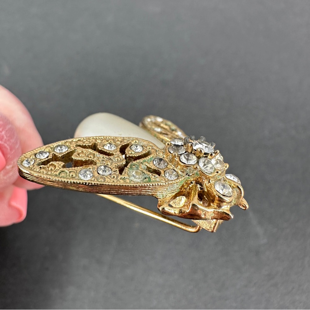 Vintage Bee Fly Bug Insect Stick Hat Lapel Pin Gold Tone Rhinestone Faux Pearl - Picture 6 of 16